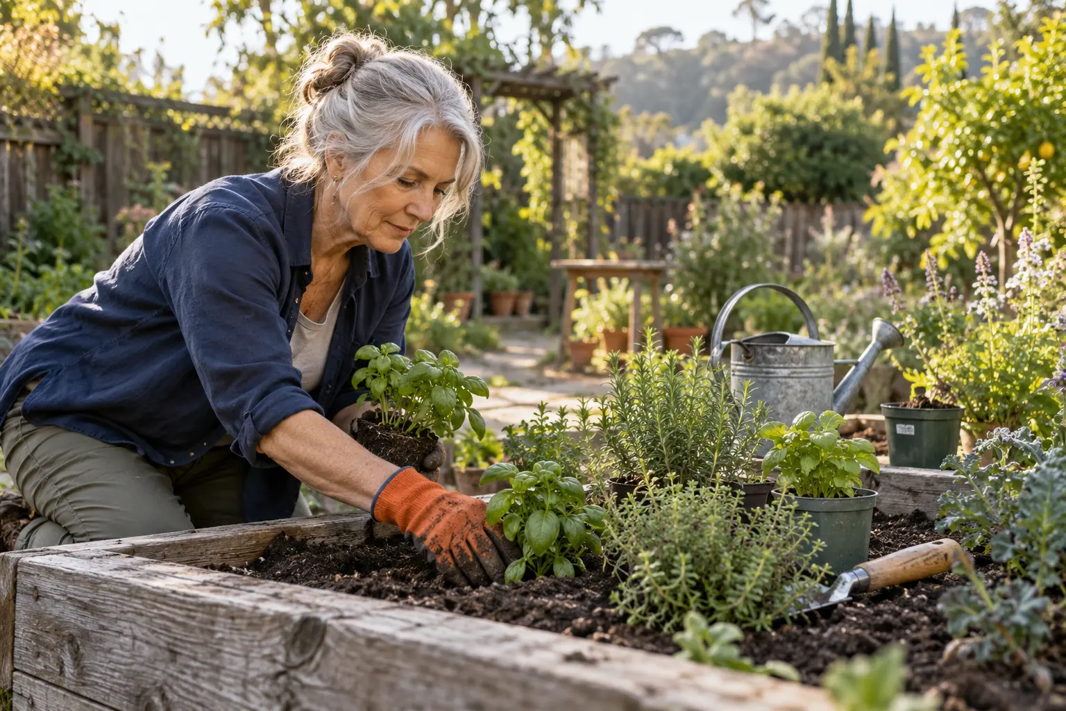An adult tending a raised garden bed